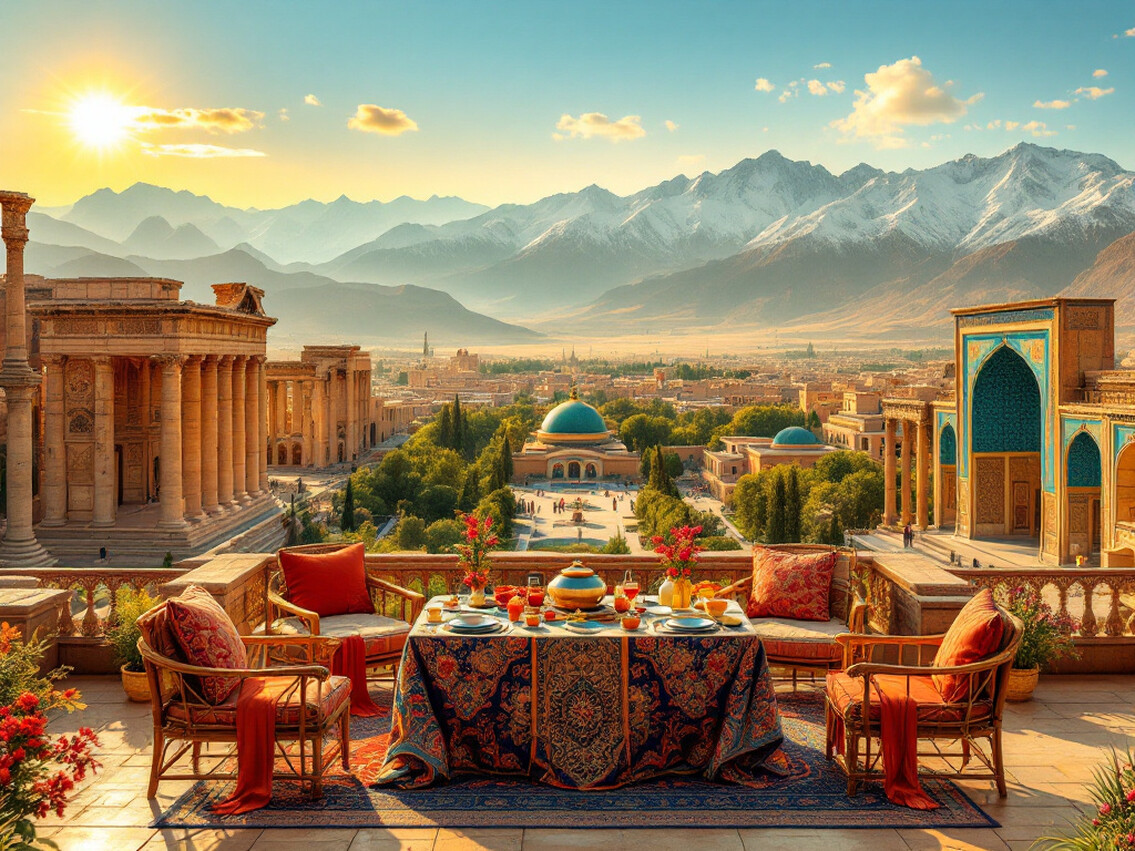 Terrasse orientale avec vue sur une ville persane, dômes turquoise et montagnes enneigées au coucher du soleil, table dressée pour un thé traditionnel