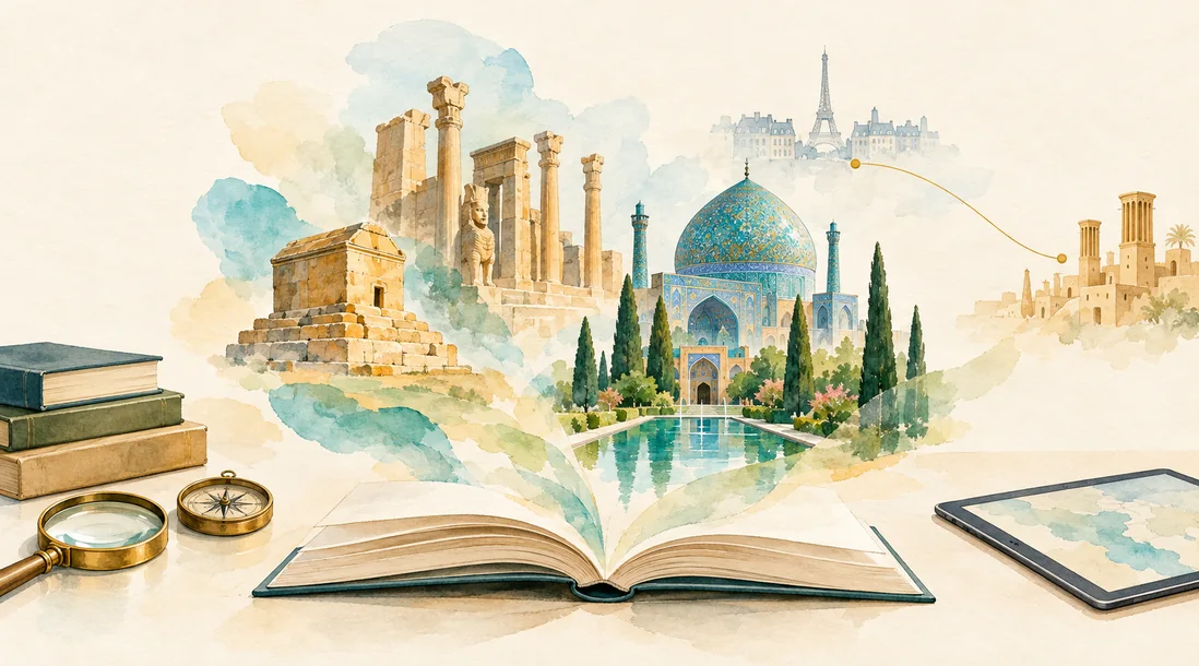 Un livre ouvert d’où surgissent les jardins et les monuments de l’Iran, entouré d’une carte, d’ouvrages, d’une loupe et d’une tablette, avec un fil d’or qui relie l’Iran à Paris