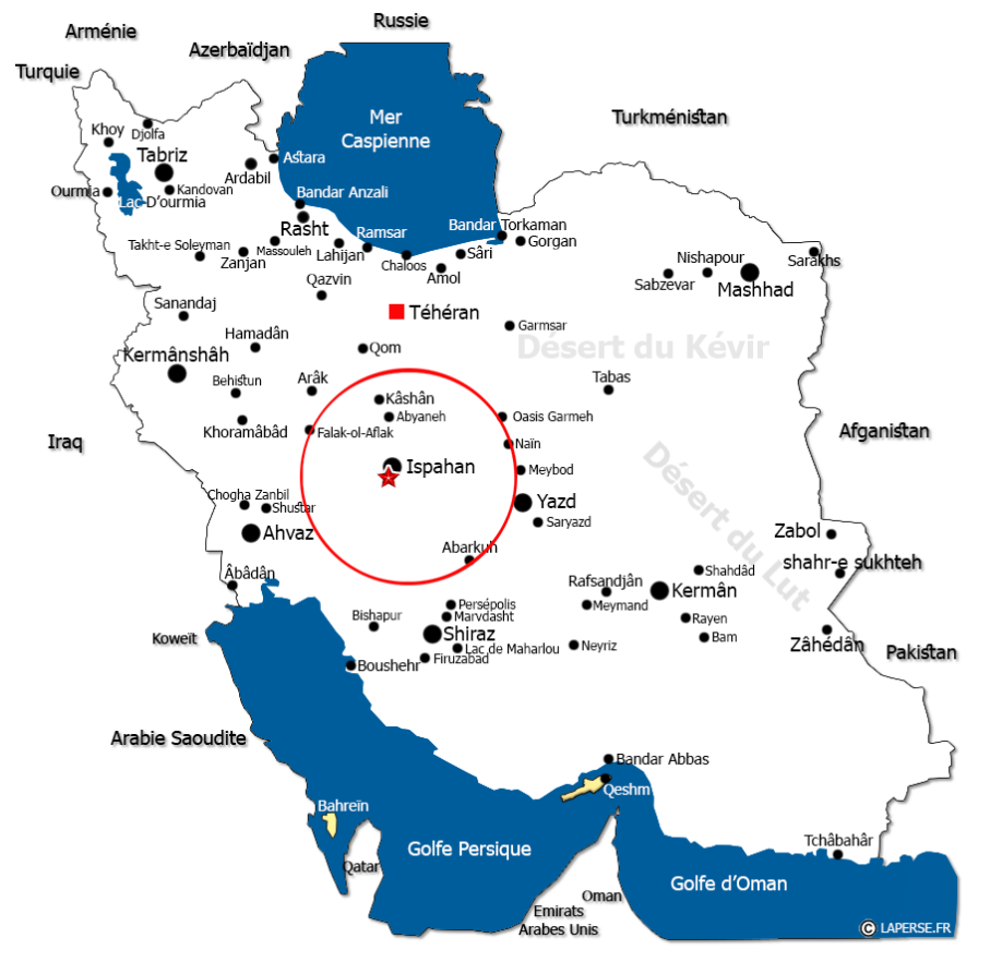 Carte de l'Iran en format agrandi — Ispahan, au centre du pays, entre Kashan et Shiraz
