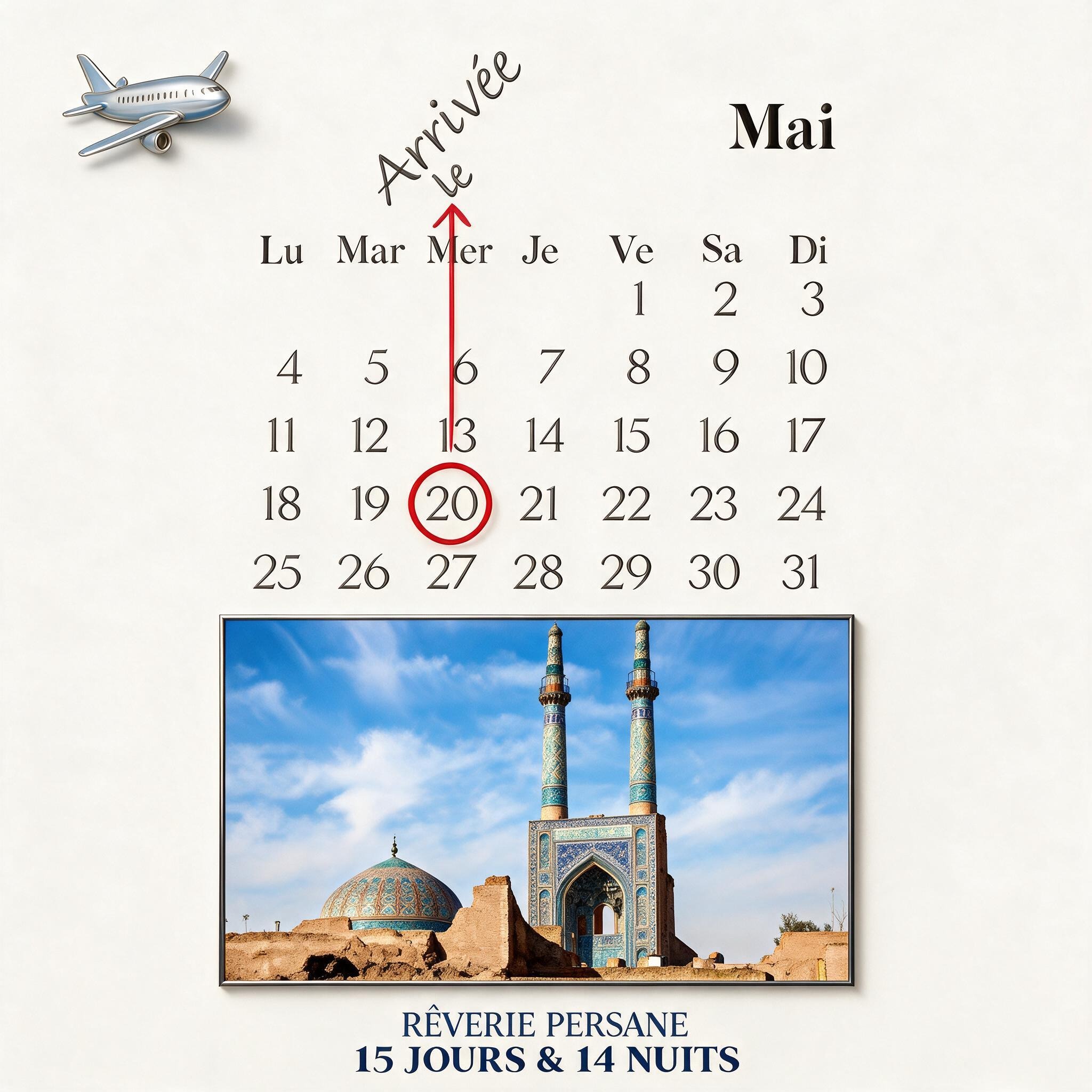 Calendrier illustrant la date de départ d'un circuit en Iran