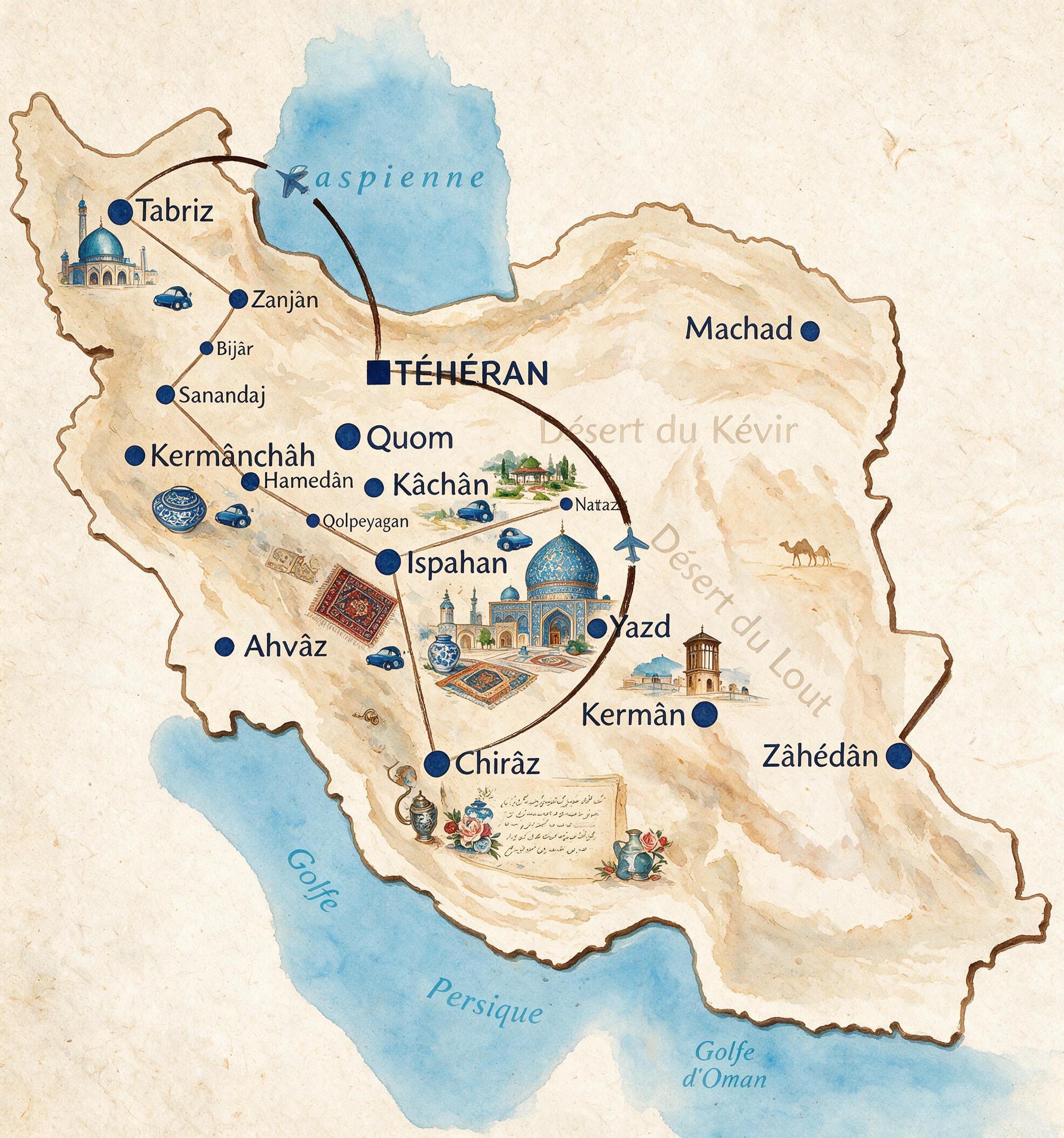 Carte du circuit La Perse des Maîtres Artisans : Tabriz, Zanjân, Téhéran, Kermânchâh, Sanandaj, Hamedân, Ispahan, Chiraz