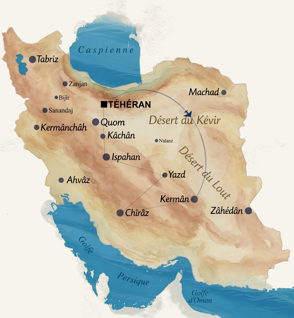 Carte du circuit Vivre les Jardins Persans : Téhéran, Qom, Kashan, Ispahan, Yazd, Kerman, Chiraz
