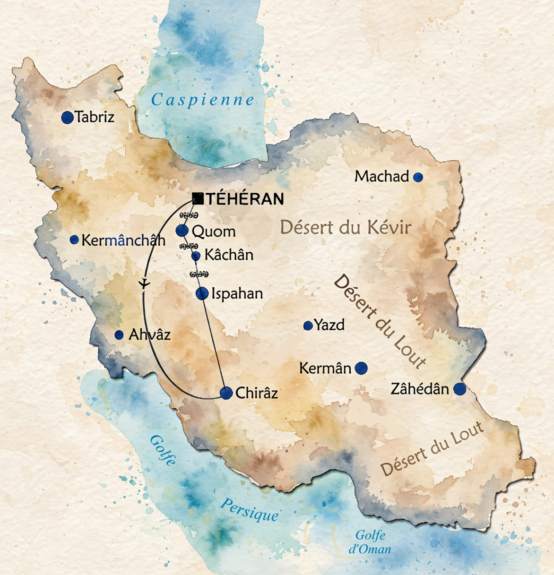 Carte du circuit La Magie Persane : Téhéran, Qom, Kâchân, Ispahan, Chiraz