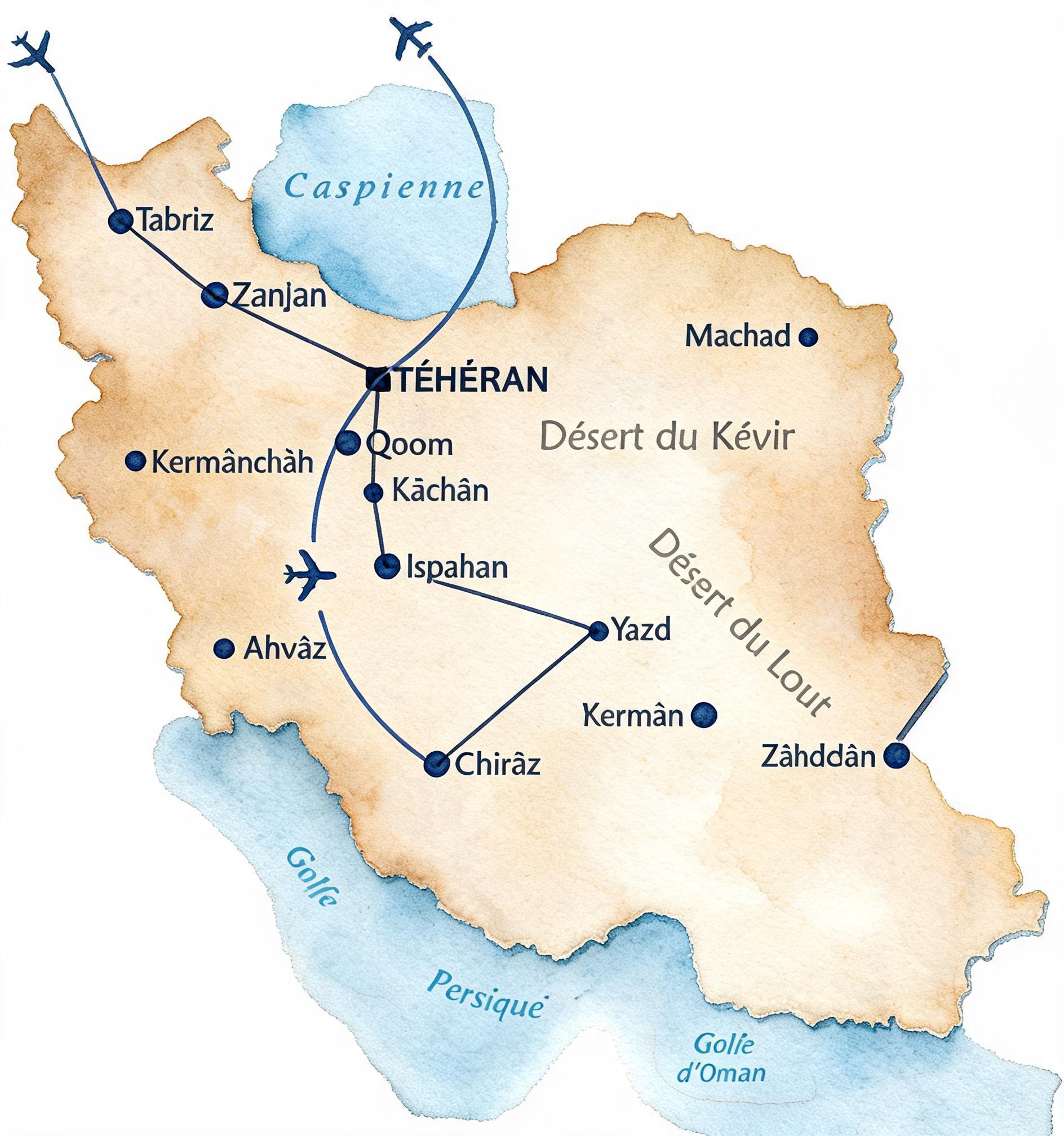 Carte du circuit Flânerie Nomade : Tabriz, Zanjan, Téhéran, Kâchân, Ispahan, Yazd, Chiraz