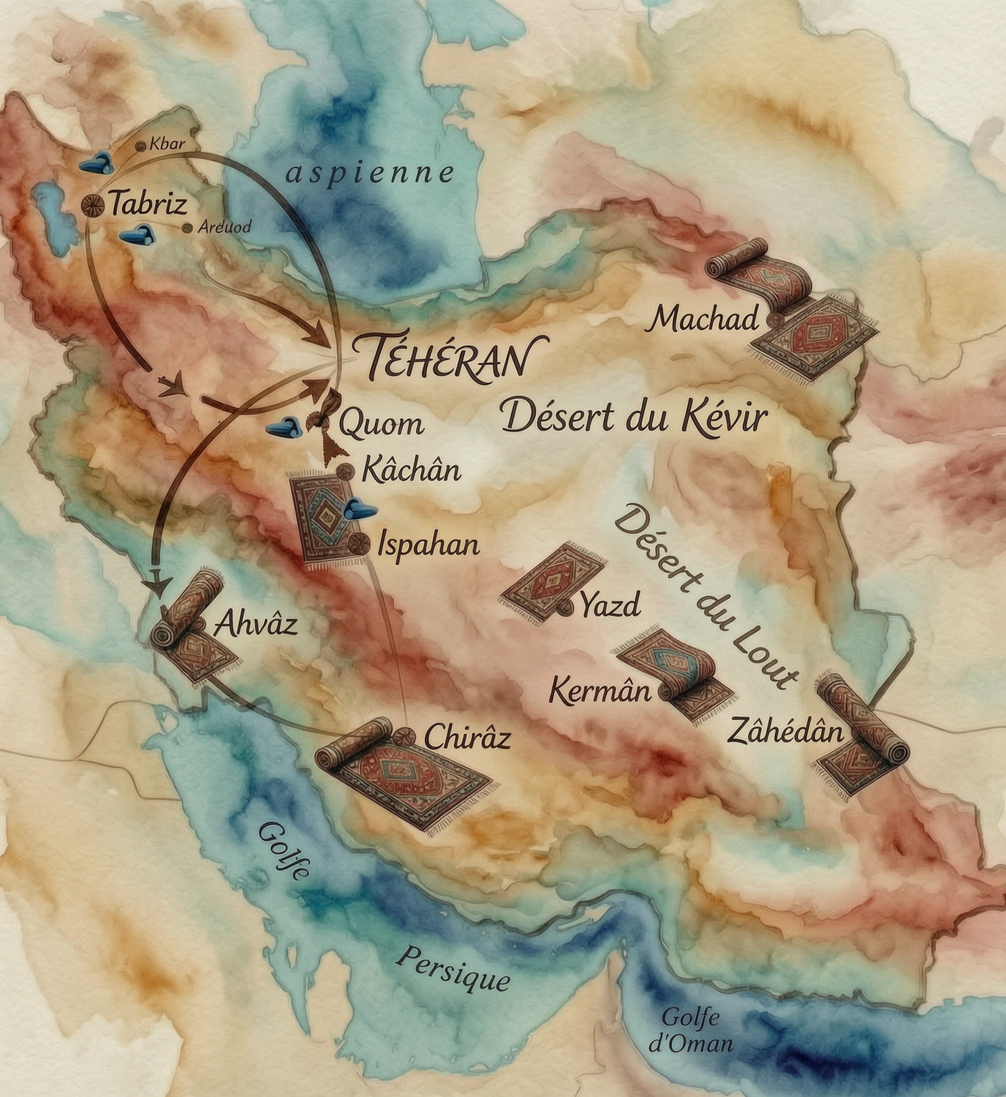 Carte du circuit Ateliers de Tapis : Tabriz, Téhéran, Kâchân, Qom, Ispahan, Yazd, Kermân, Chiraz