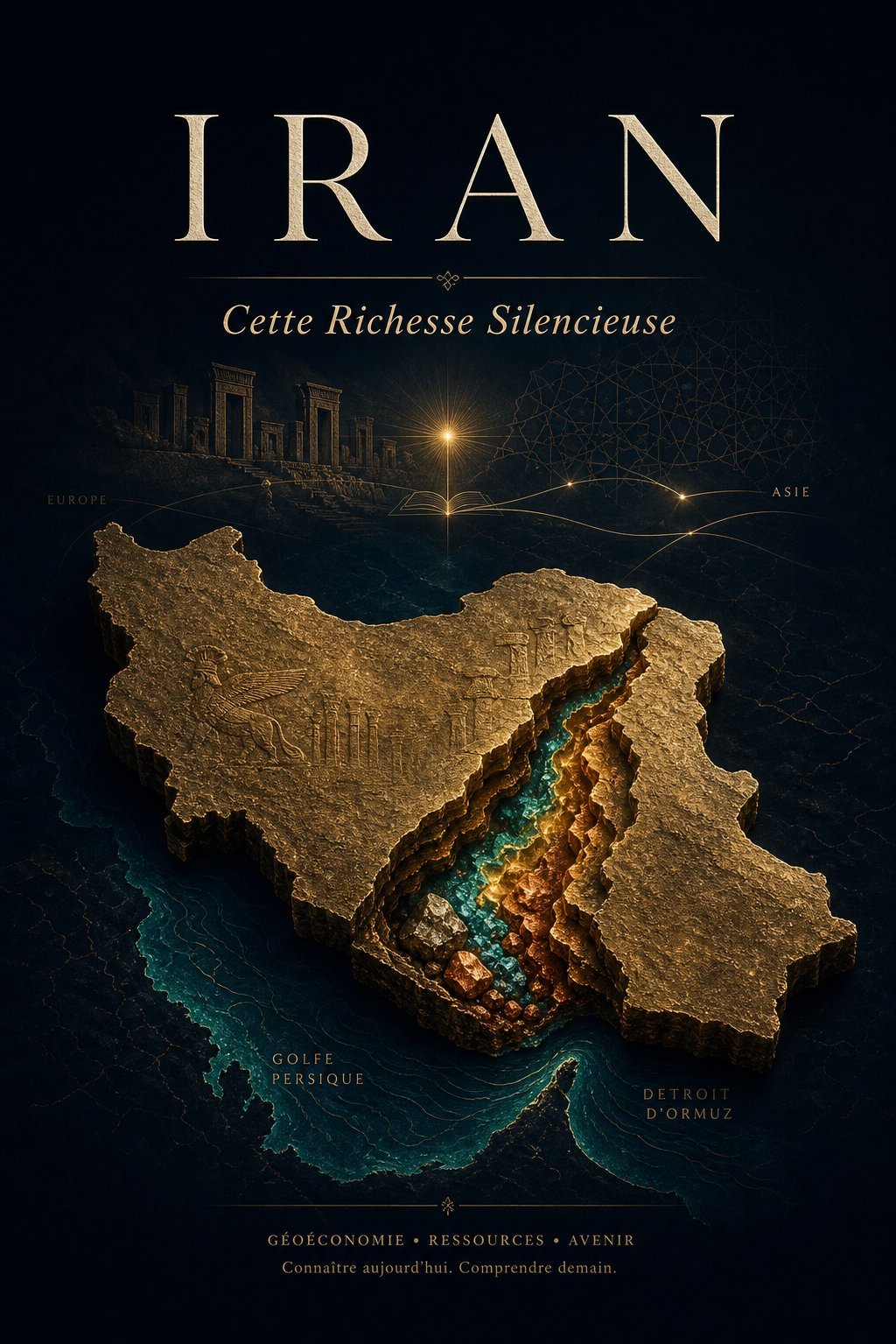 Couverture du livre IRAN — Cette Richesse Silencieuse : silhouette de l'Iran en or mat fendue d'une fissure lumineuse révélant le sous-sol