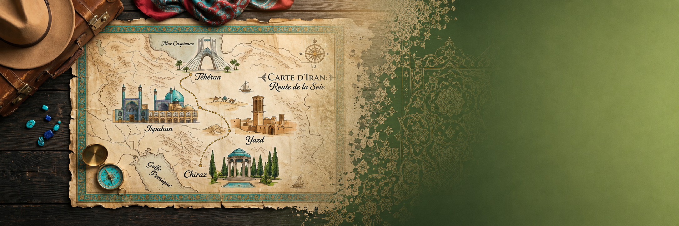 Carte illustrée de la Route de la Soie : Téhéran, Ispahan, Yazd et Chiraz