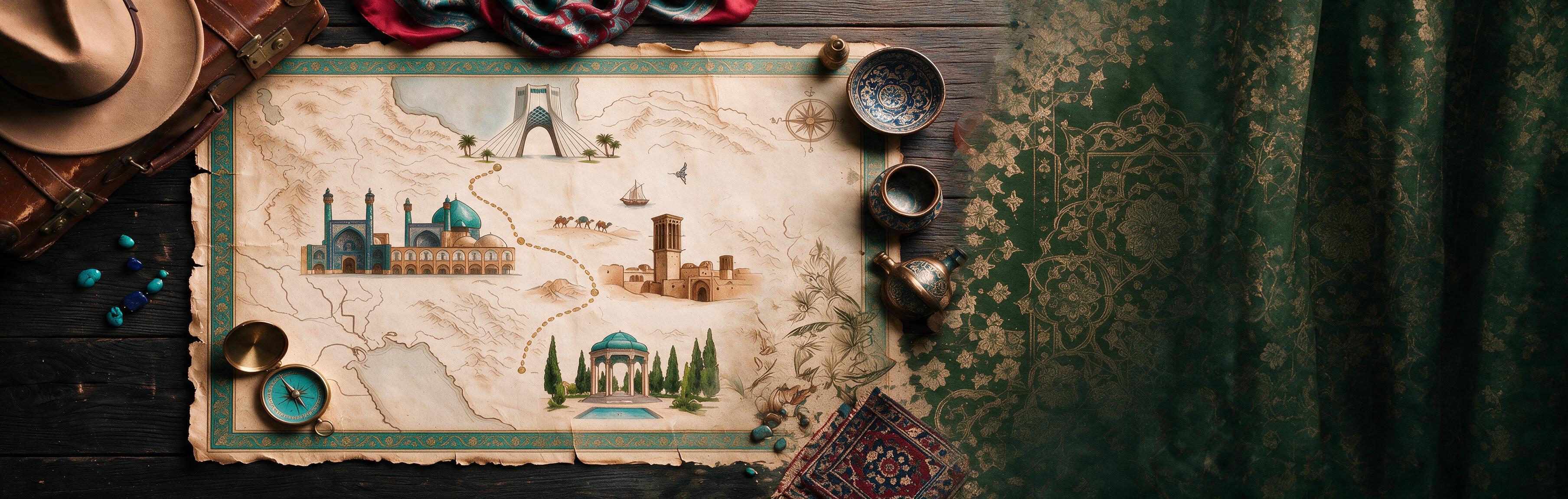 Carte illustrée du circuit La Perse des Maîtres Artisans : Téhéran, Ispahan, Yazd et Chiraz, avec bols émaillés, tapis persan et objets d'orfèvrerie