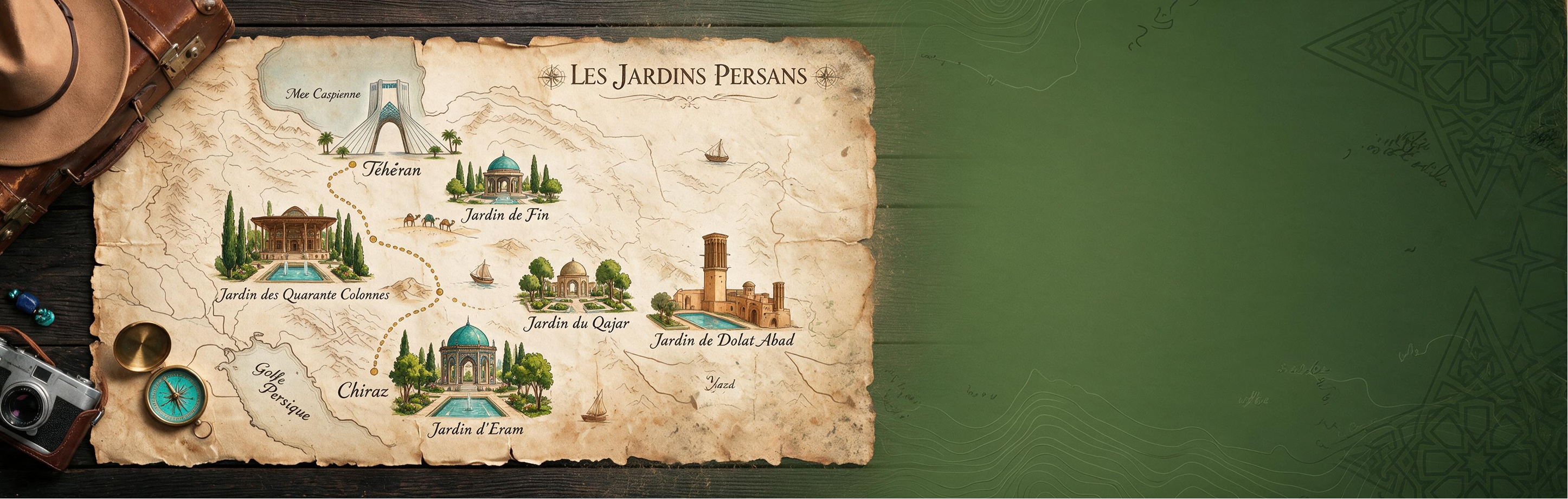 Carte illustrée du circuit Les Jardins Persans : Téhéran (Tour Azadi), Jardin de Fin, Jardin des Quarante Colonnes, Jardin du Qajar, Jardin de Dolat Abad, Yazd et Chiraz (Jardin d'Eram)