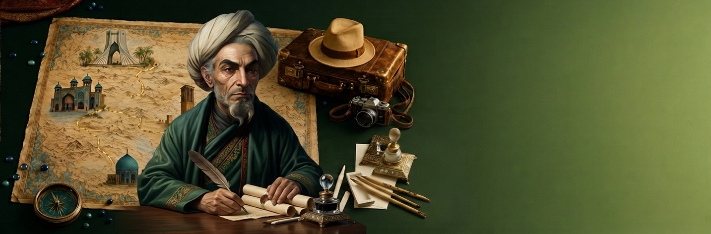Un poète persan à sa table d'écriture, entouré d'une carte illustrée de l'Iran, d'une valise en cuir, d'un chapeau et d'un appareil photo
