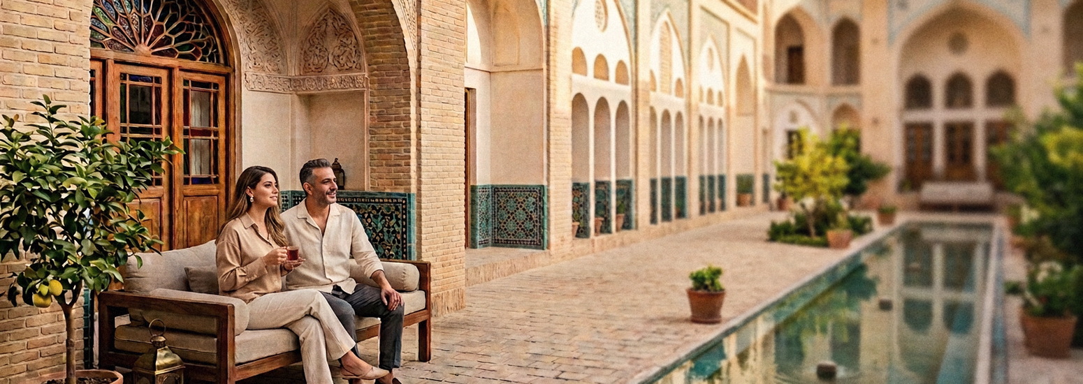 Couple de voyageurs dans la cour d'un hôtel traditionnel iranien