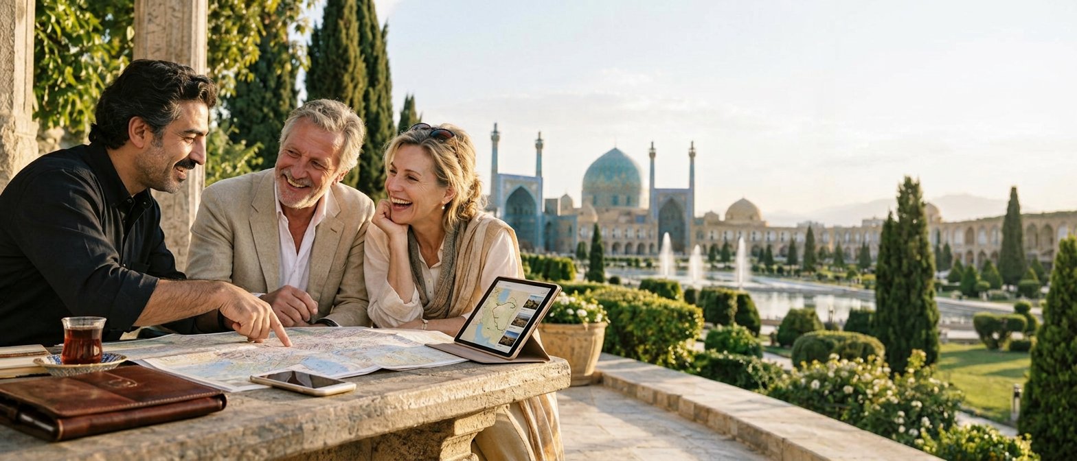 Conseiller de voyage présentant une carte à un couple de voyageurs dans un jardin d'Ispahan