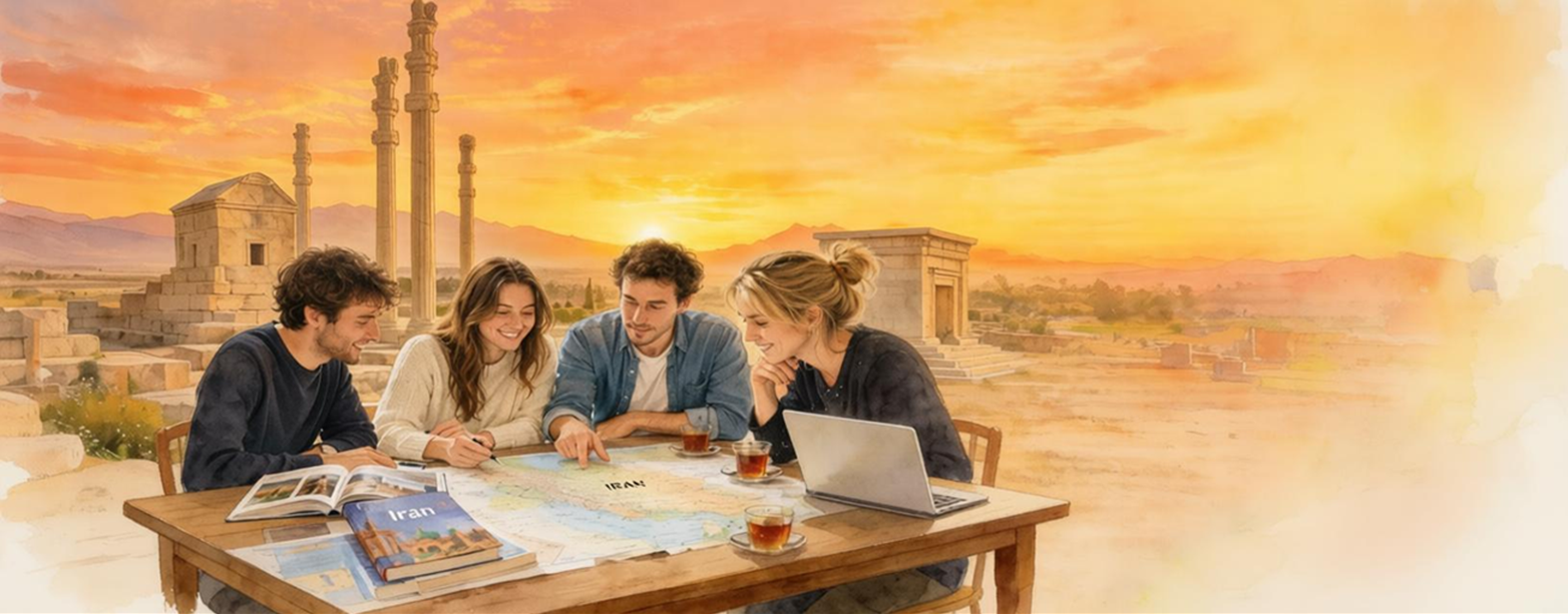 Quatre voyageurs consultant une carte de l'Iran et un guide devant les ruines de Persépolis au coucher du soleil