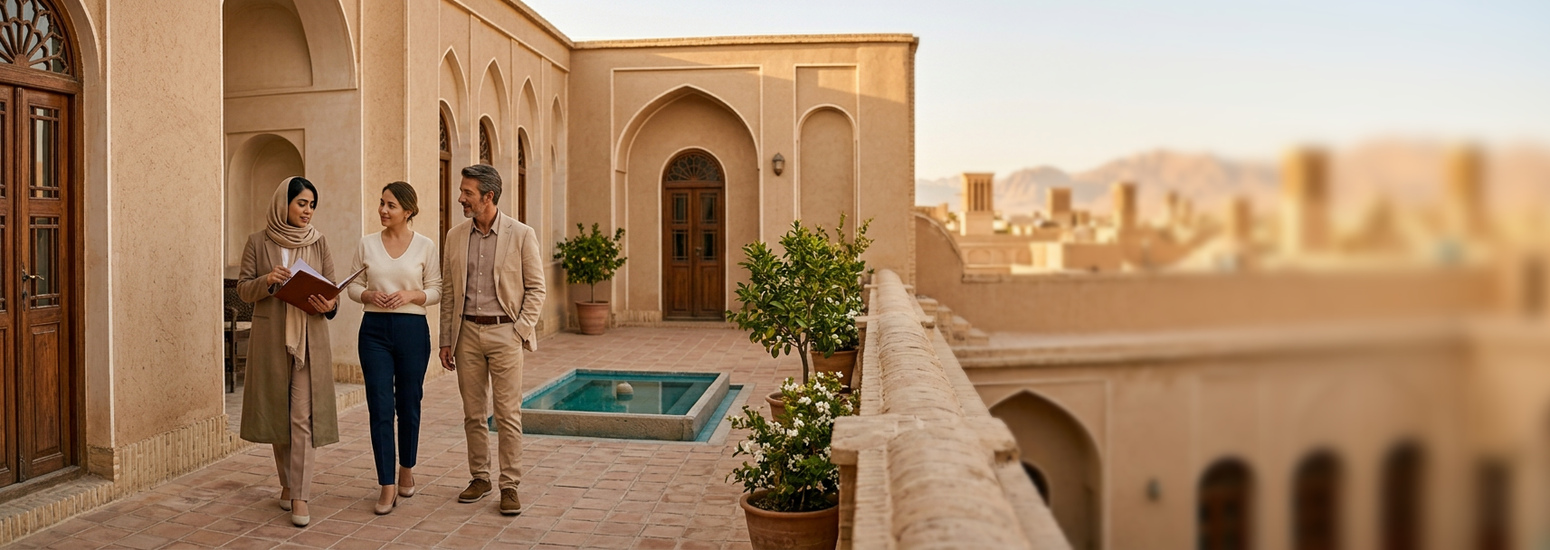 Conseillère locale accompagnant des partenaires dans un hébergement traditionnel iranien