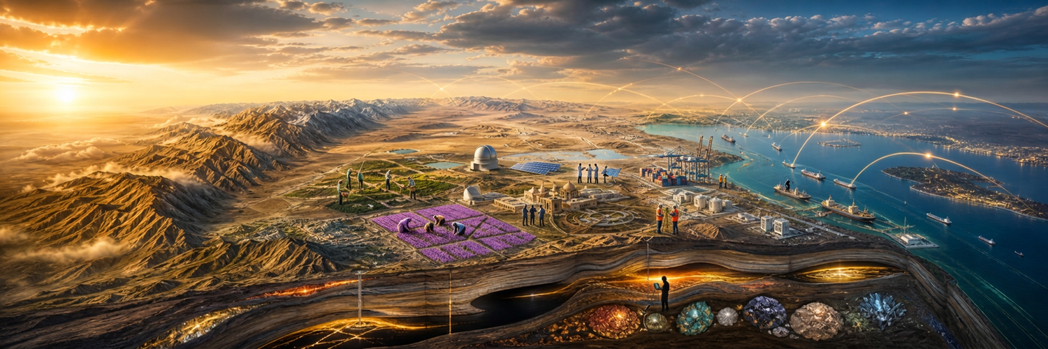 Panorama de l'Iran : du Zagros enneigé au golfe Persique — champs de safran, observatoire, ports, gazoducs et coupe géologique du sous-sol