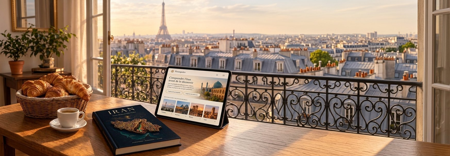 Depuis un intérieur parisien, un livre consacré à l'Iran et une tablette ouvrent une perspective sur la richesse silencieuse du pays