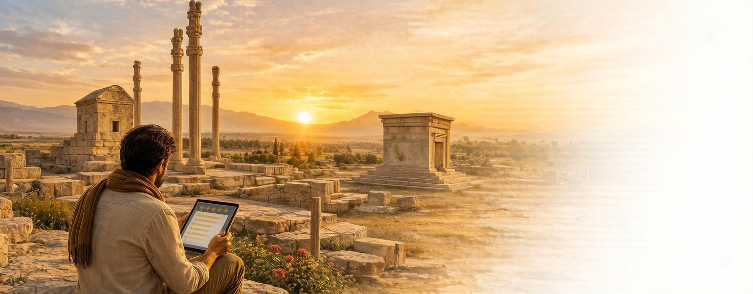 Voyageur consultant un formulaire de satisfaction sur tablette face aux ruines de Persépolis au coucher du soleil