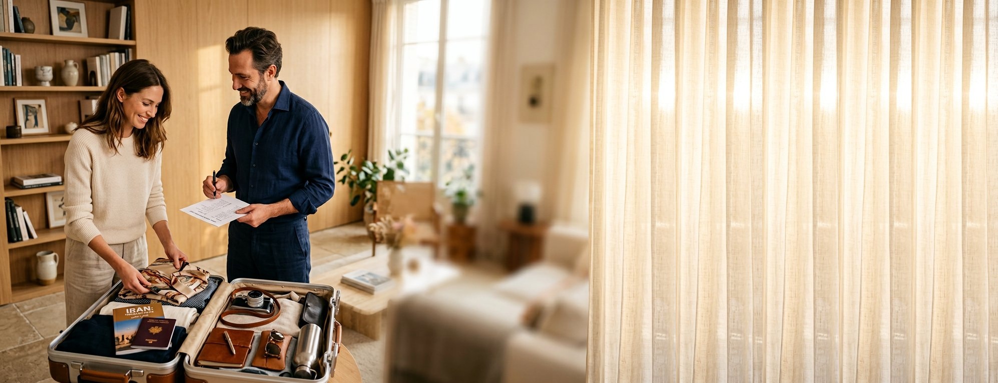 Une valise ouverte et des accessoires de voyage préparés pour un séjour en Iran