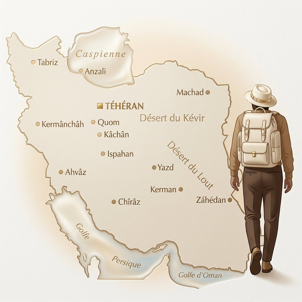 Carte de l'Iran et voyageur avec sac à dos