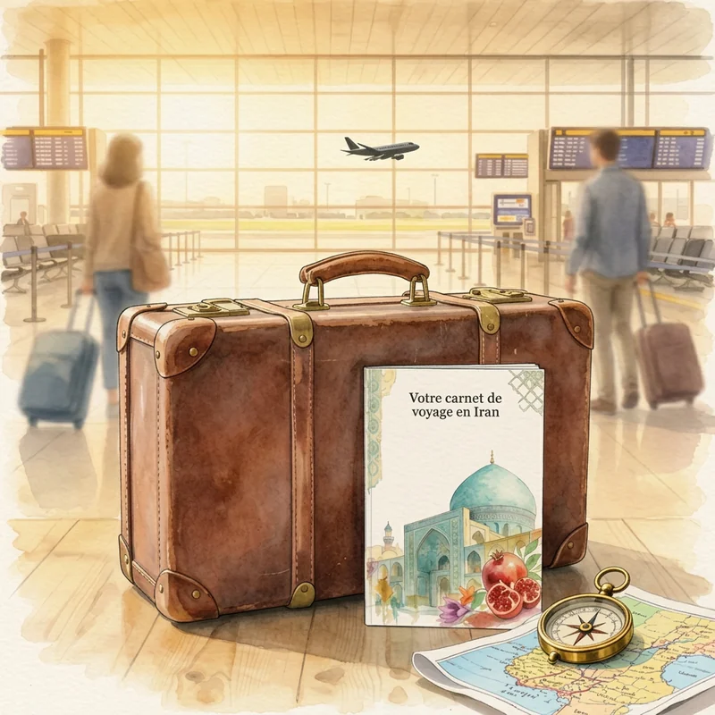 Valise, carnet de voyage en Iran, boussole et carte