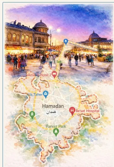 Affiche aquarelle de Hamadan : monument emblématique et plan de la ville