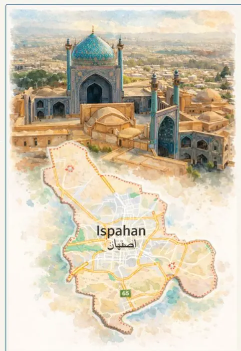 Affiche aquarelle de Ispahan : monument emblématique et plan de la ville