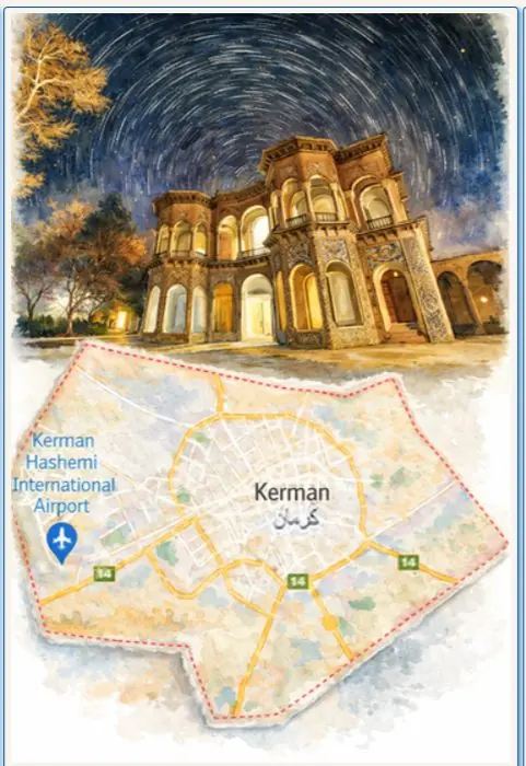 Affiche aquarelle de Kerman : monument emblématique et plan de la ville