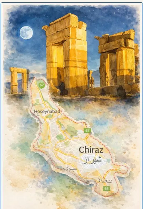 Affiche aquarelle de Shiraz : monument emblématique et plan de la ville