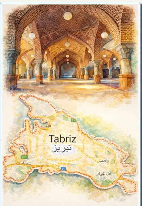 Affiche aquarelle de Tabriz : monument emblématique et plan de la ville
