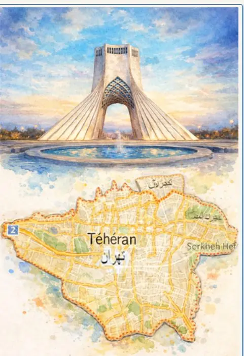 Affiche aquarelle de Téhéran : monument emblématique et plan de la ville