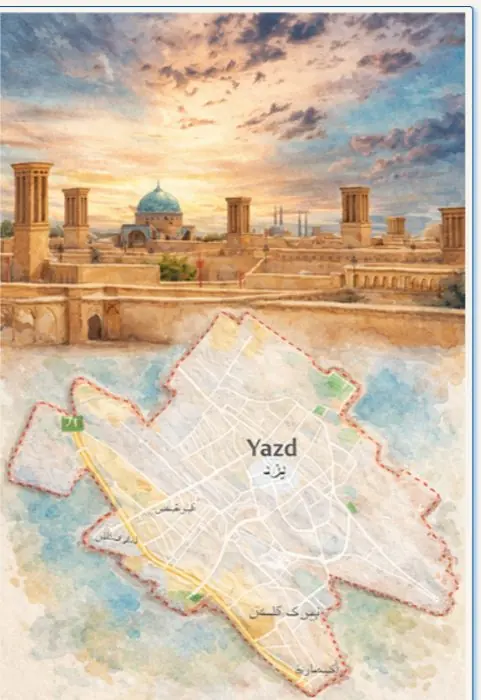 Affiche aquarelle de Yazd : monument emblématique et plan de la ville