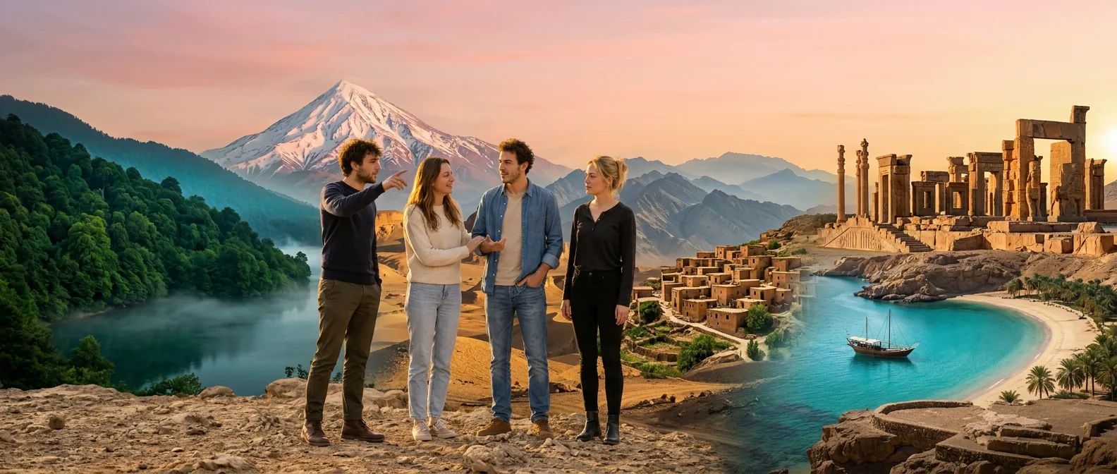 Quatre voyageurs devant les montagnes, Persépolis et une baie turquoise : les incontournables de l'Iran